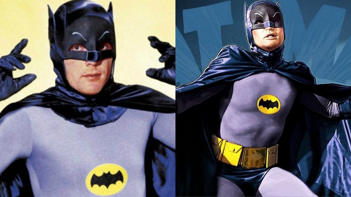 Adam West in his campy Batman costume from the 1966-1968 television series. 
