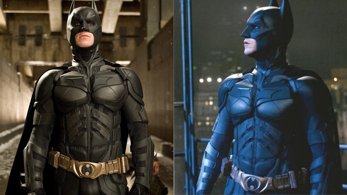 Christian Bale in his Batman costumes from The Dark Knight and the Dark Knight Rises. 