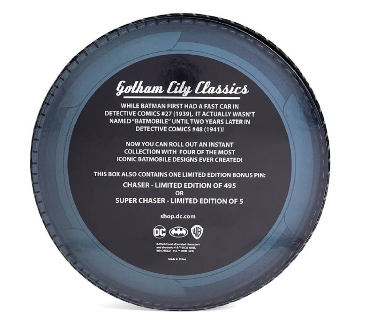 Batman Gotham City Classics Batmobile Exclusive Limited Edition Pin Set back packaging.