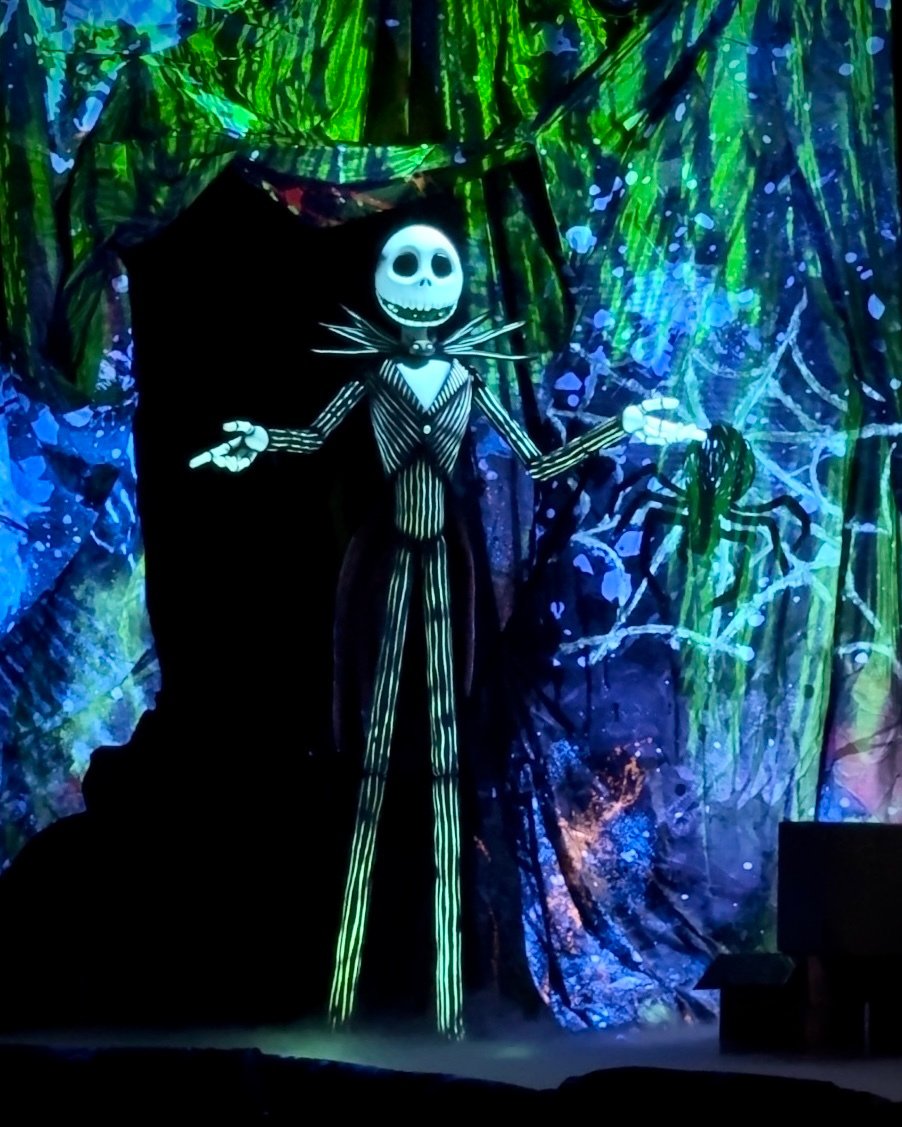 A Jack Skellington Puppet on stage during a Nightmare Before Christmas singalong at Jollywood Nights