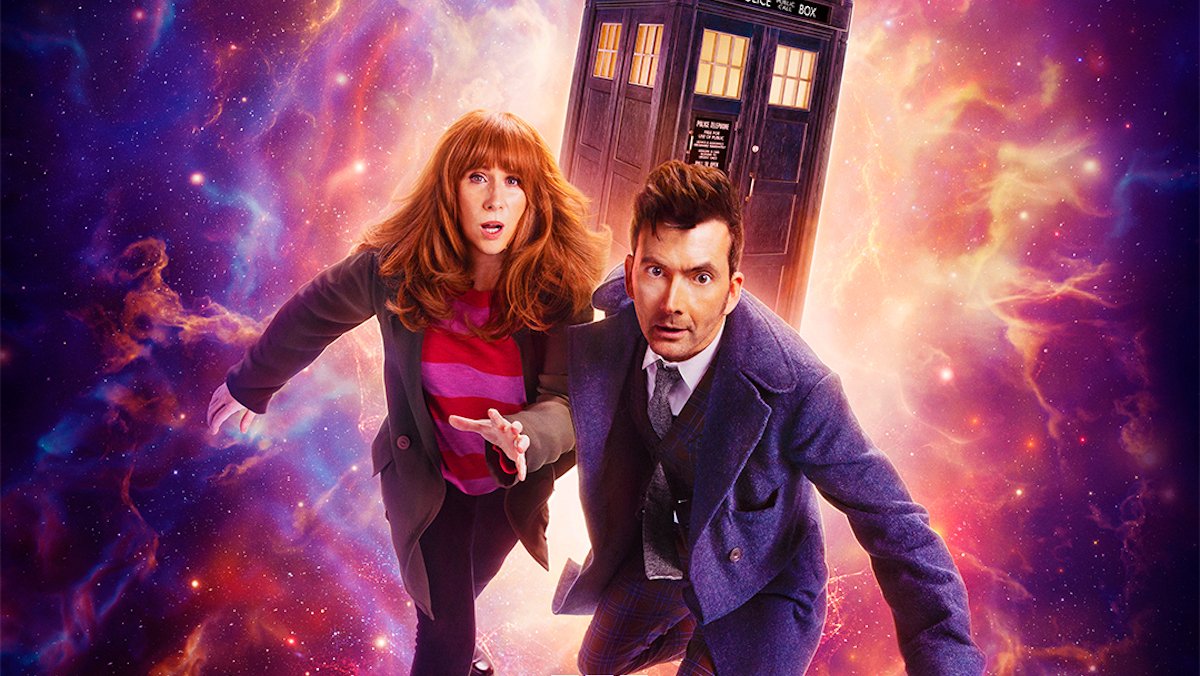 The Tenth Doctor and Donna Noble holding hands running in front of the TARDIS