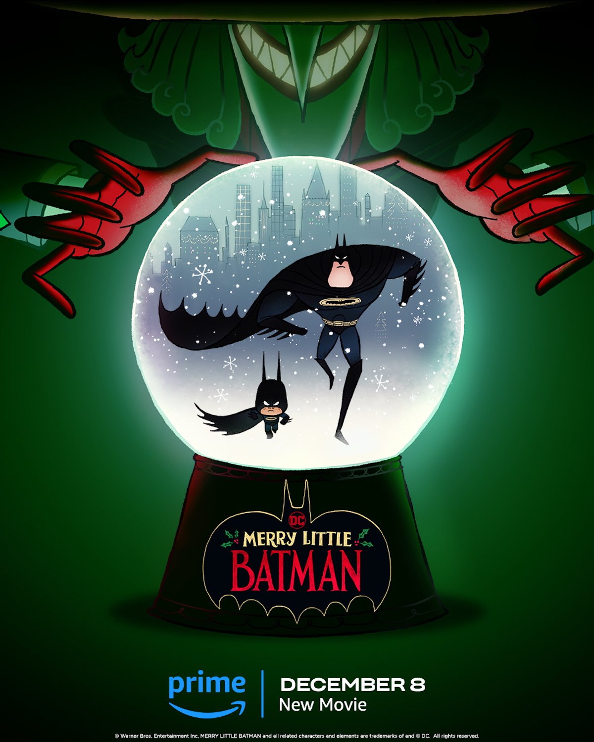 Batman and his costumed son running in a snow globe with the Joker and his red gloved hands hovering over it like a giant in a poster for Merry Little Batman