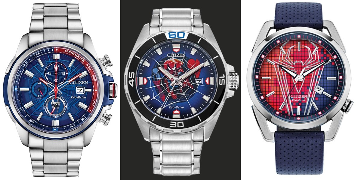 Close up views of all three Spider-Man Citizen Watches timepieces. 