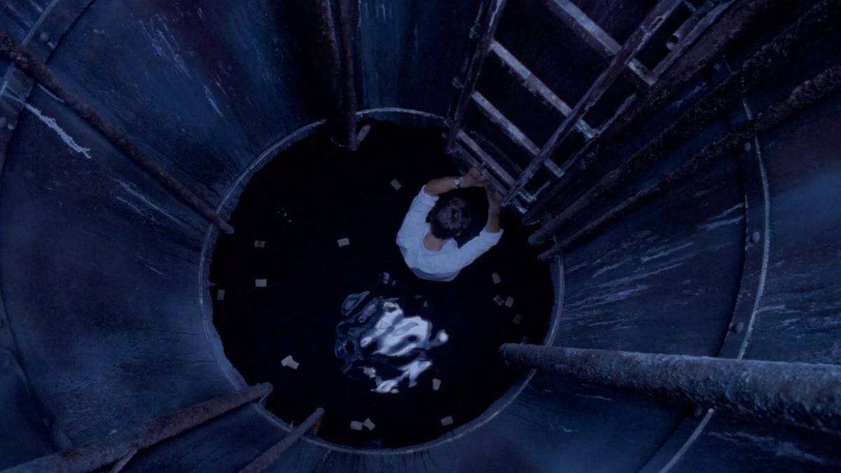 A person climbs down the long ladder into a sewer pit in the Italian horror movie The Sect.