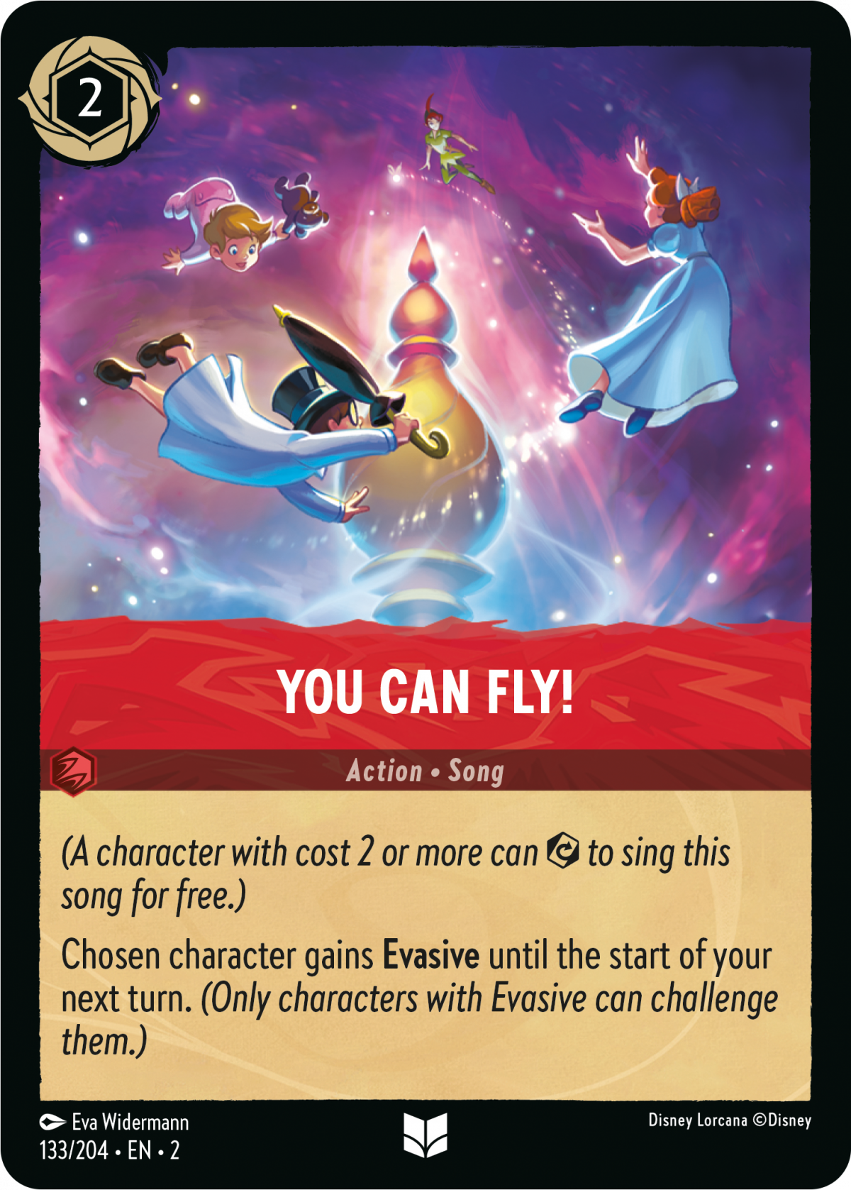 Disney Lorcana: Rise of the Floodborn song card in Ruby ink showing Peter leading the Darling kids in You Can Fly!