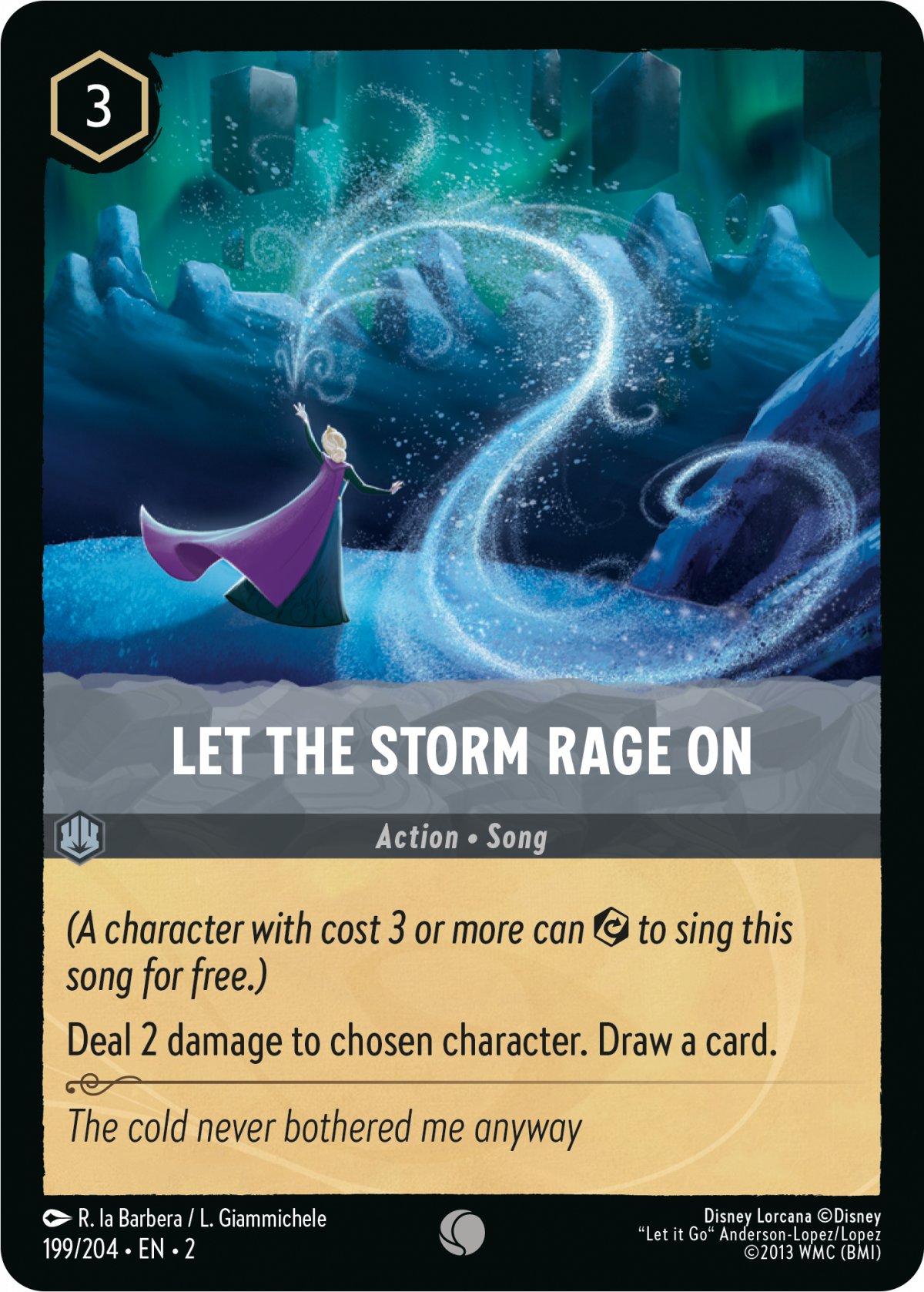 Disney Lorcana: Rise of the Floodborn song card in Steel ink showing Elsa using ice magic in Let the Storm Rage On