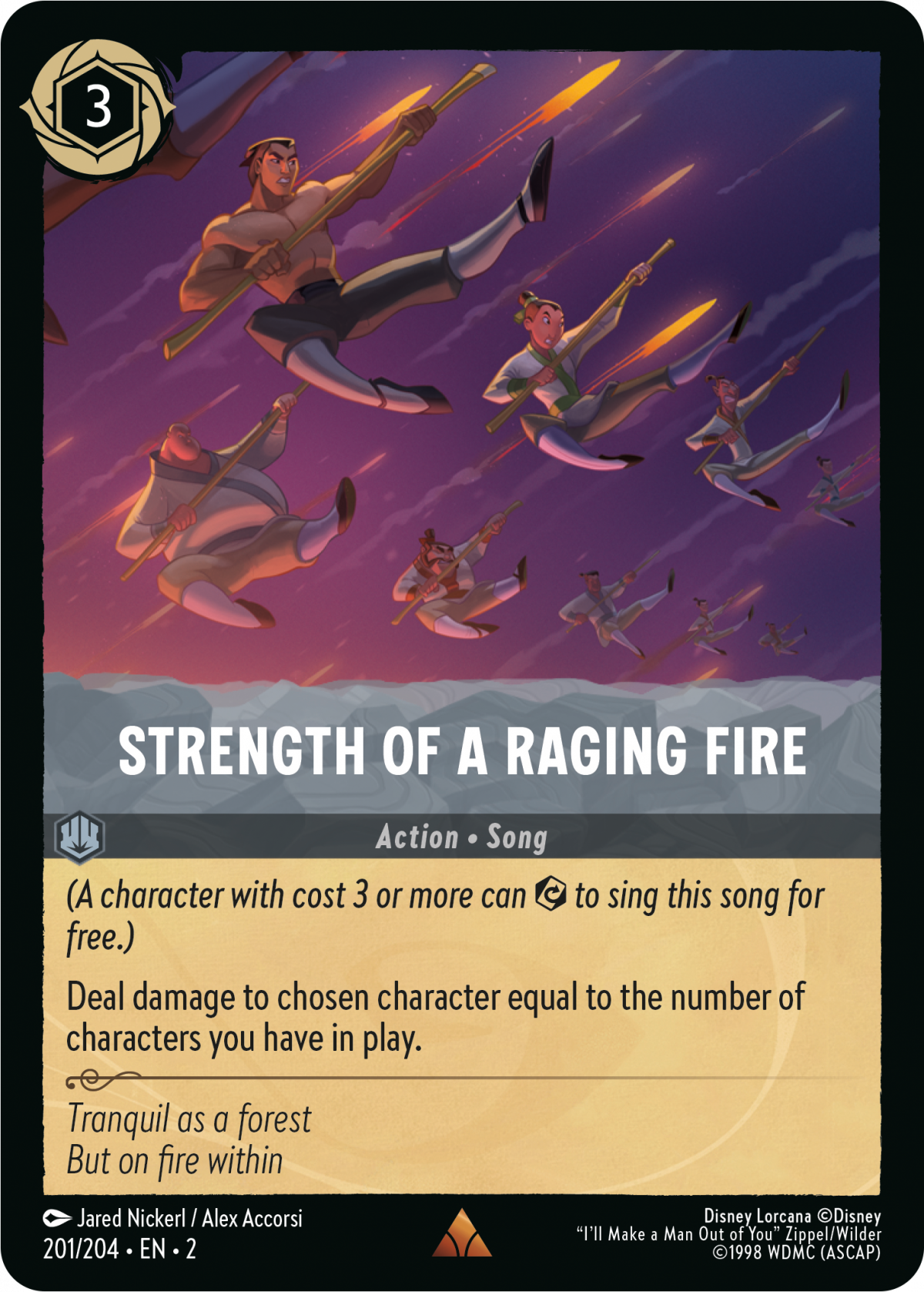 Disney Lorcana: Rise of the Floodborn song card in Steel ink with Li Shang training in Strength of a Raging Fire
