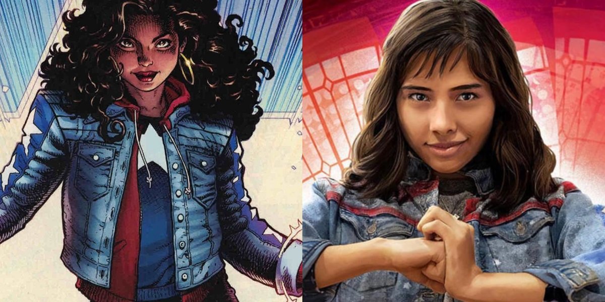 America Chavez as she appears in Marvel Comics, and played by Xochitl Gomez in the MCU.