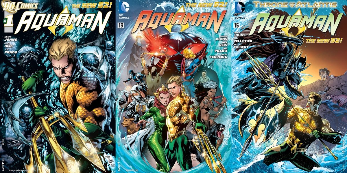 Covers for the New 52 reboot era of Aquaman, by Ivan Reis and Paul Pelletier. 