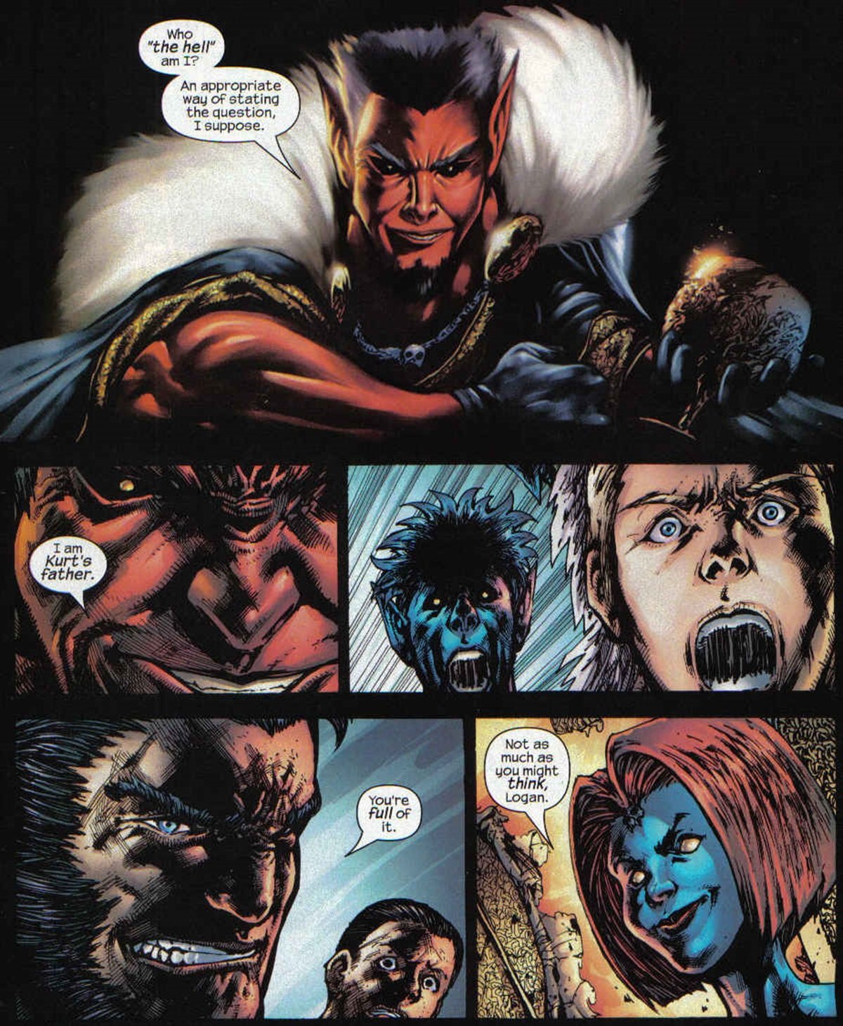 The demon Azazel reveals to the X-Men that he is Kurt's father. 