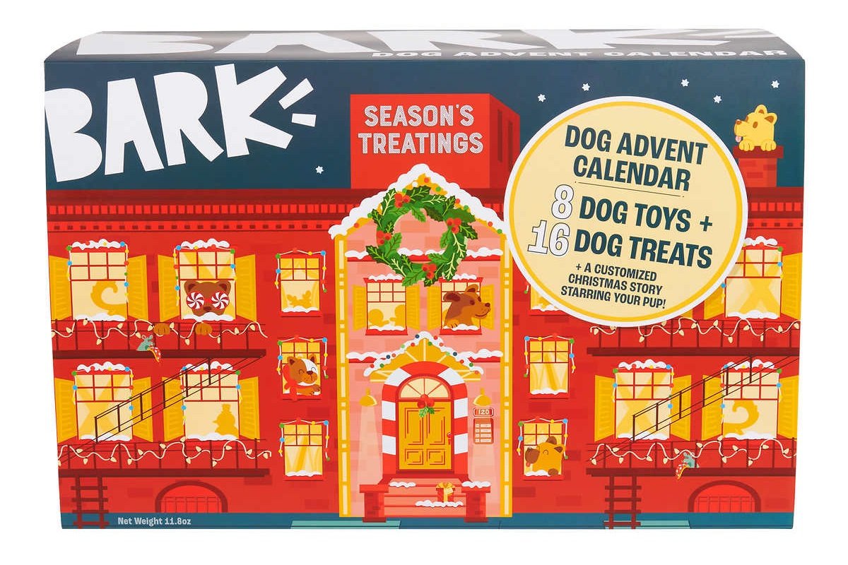 The box for BARK's 2023 dog advent calendar which looks like a house with holiday decorations