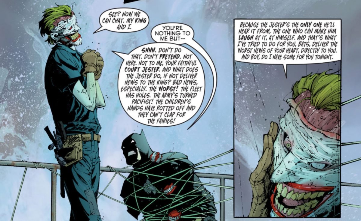 The Joker stands over Batman and lectures him in Batman #14 (2011