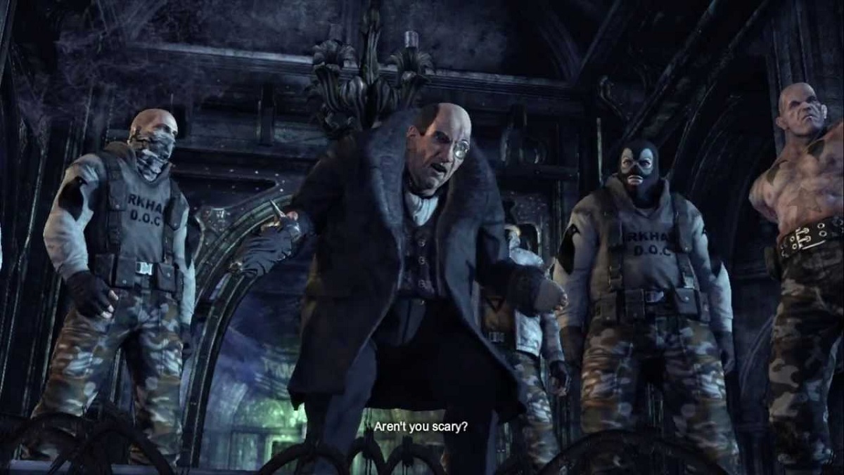 The Penguin asks Aren't you scary? surrounded by various goons in Batman: Arkham City.