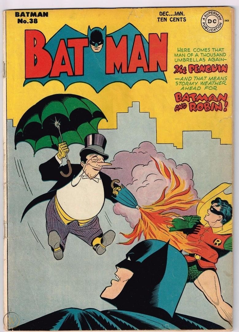 The cover of Batman #38, featuring Batman and Robin fighting the Penguin.