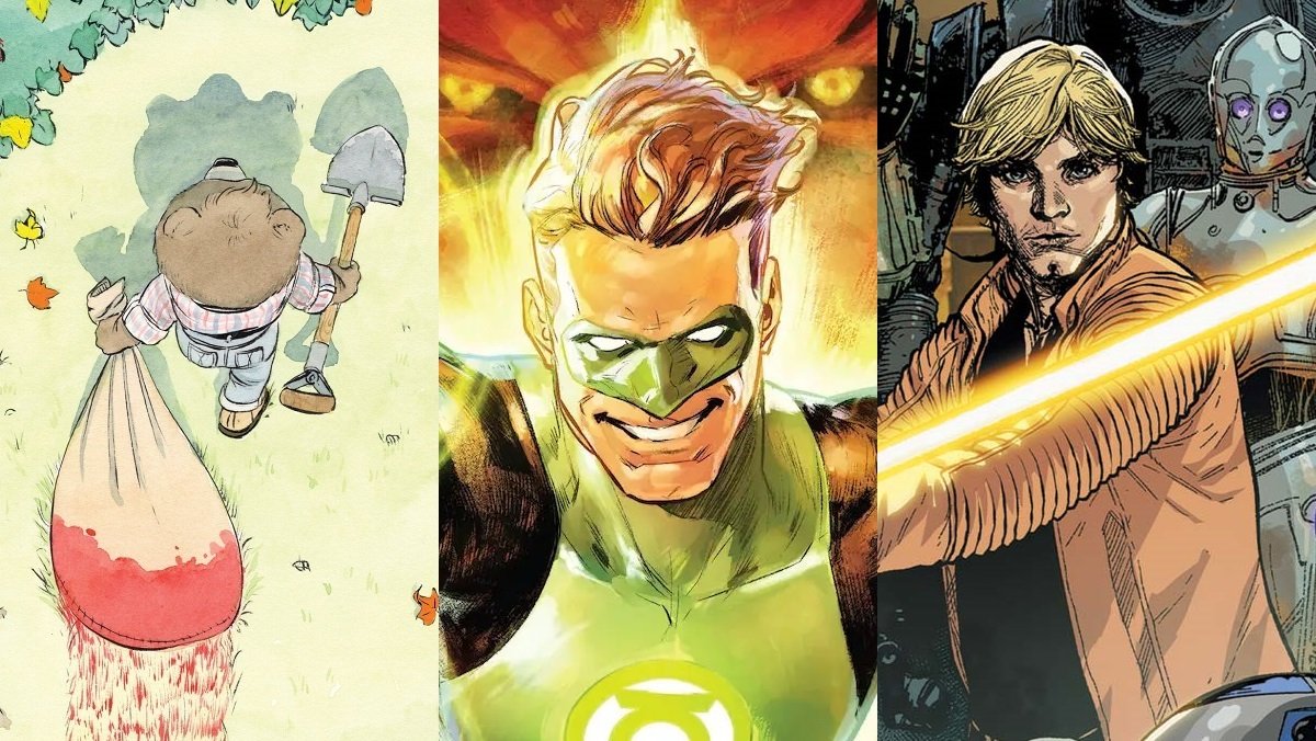 L-R: A cute bear drags a bloody bag, Green Lantern grins, and Luke Skywalker brandishes a lightsaber as droids surround him in our list of Best Comics of 2023.