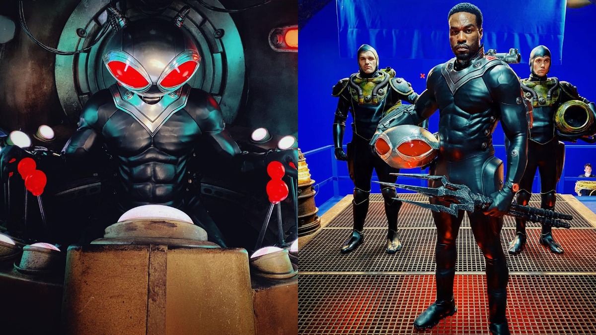 Black Manta from Aquaman 2, Aquaman and the Lost Kingdom, in costume with big red eyes, both masked and unmasked
