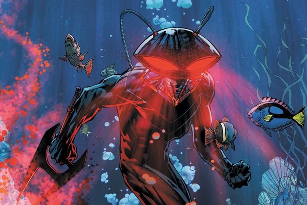 Black Manta shooting energy from his helmet in modern DC Comics.