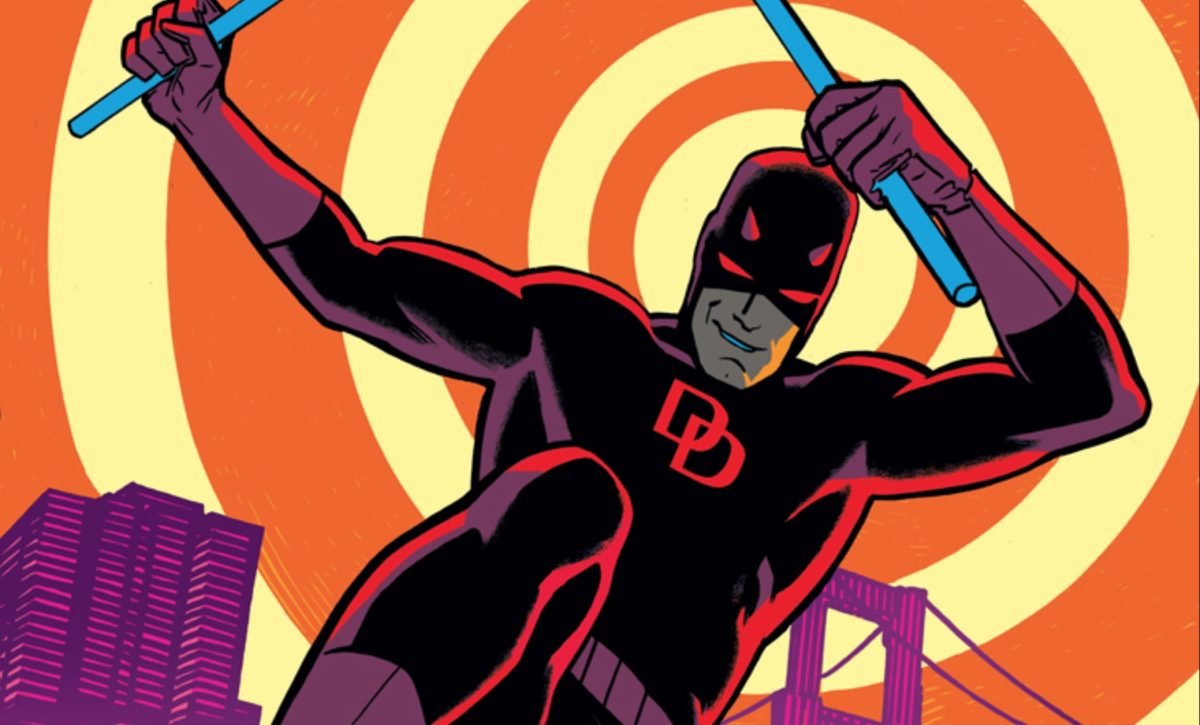 A comics panel of Daredevil jumping in front of a bullseye
