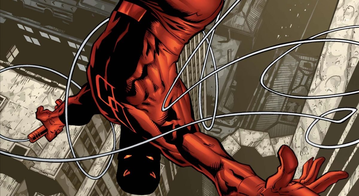 Daredevil flipping above New York in a comic book panel