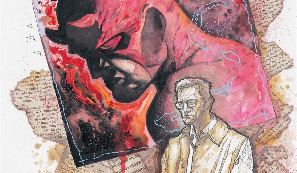 A comic book panel of Ben Urich in front of an image of Daredevil