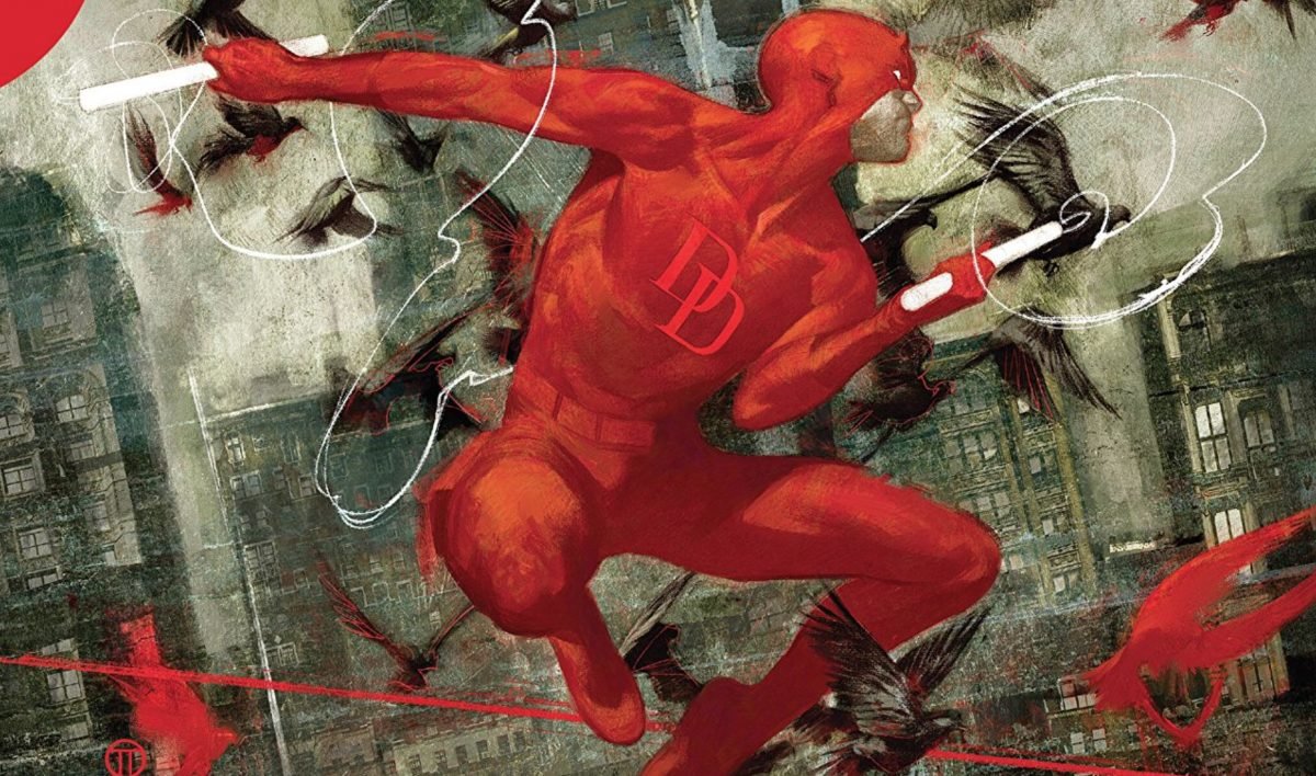 A comic book panel of Daredevil wielding his billy club in front of Hell's Kitchen