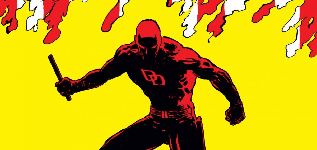 Comic book illustration of Daredevil on a yellow background