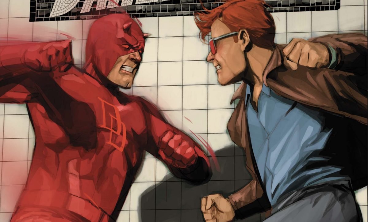 Comic book illustration of Daredevil fighting Mike Murdock on the cover of Daredevil #608