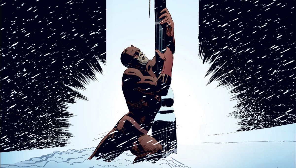 A comic book panel of Daredevil holding a street lamp