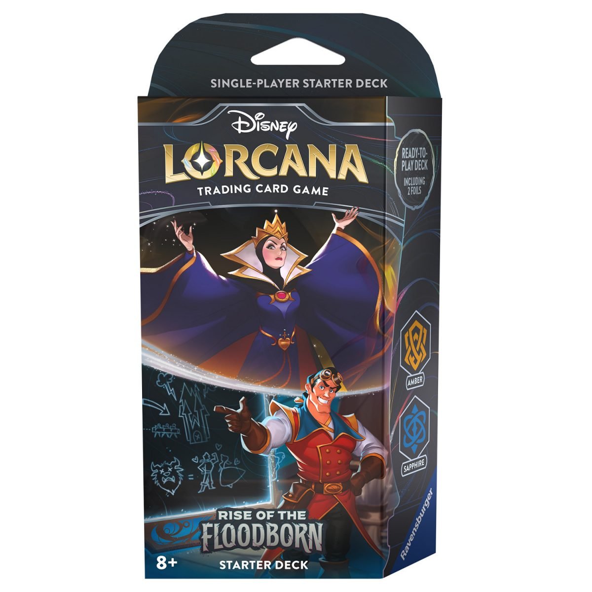 Merin and Tiana on the cover of the Disney Lorcana: Rise of the Floodborn Sapphire and Amber starter deck box