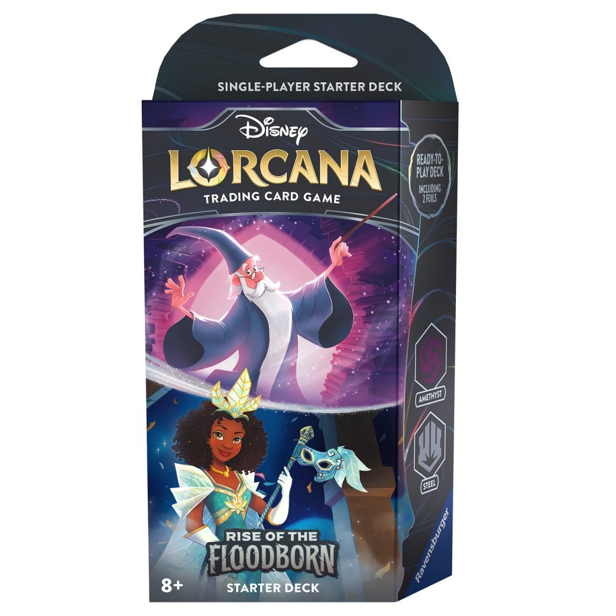 Merin and Tiana on the cover of the Disney Lorcana: Rise of the Floodborn Amethyst and Steel starter deck box