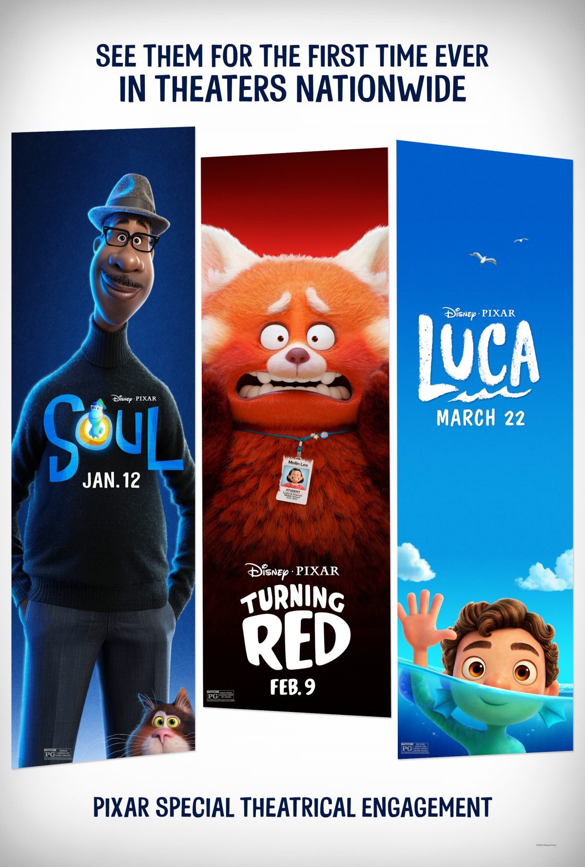 A trio of posters for Soul, Turning Red, and Luca showing the release dates for the Pixar movies in theaters