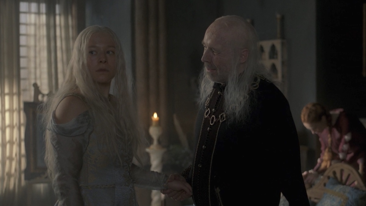 Adult Rhaenyra and her father ing Viserys holding her hand on House of the Dragon