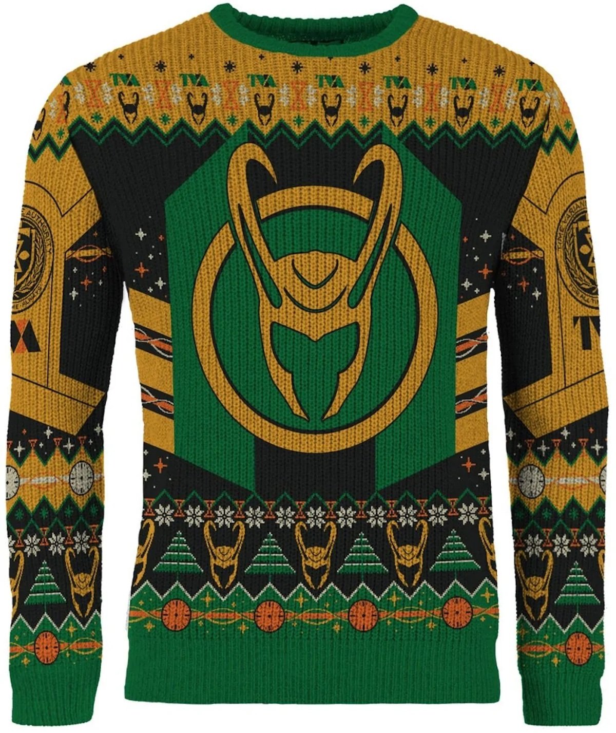 A green, black, and gold Loki-themed Christmas sweater