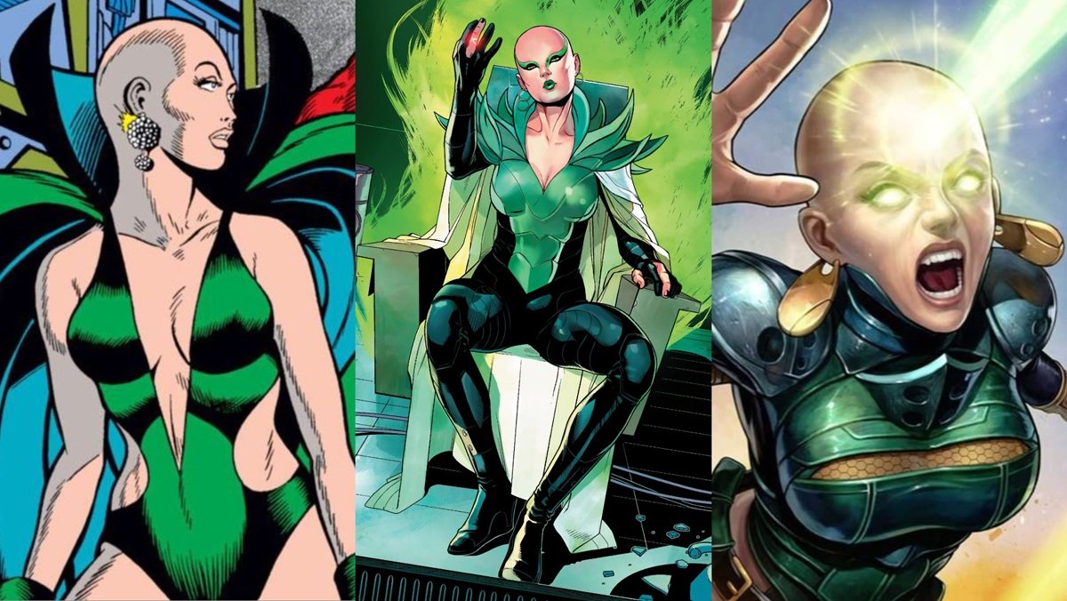 The mysterious Avenger known as Moondragon, as she has appeared over forty years of Marvel Comics.
