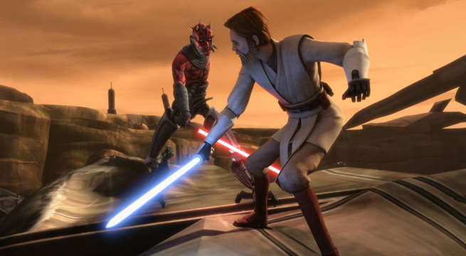 Darth Maul and Obi-Wan square off in The Clone Wars.