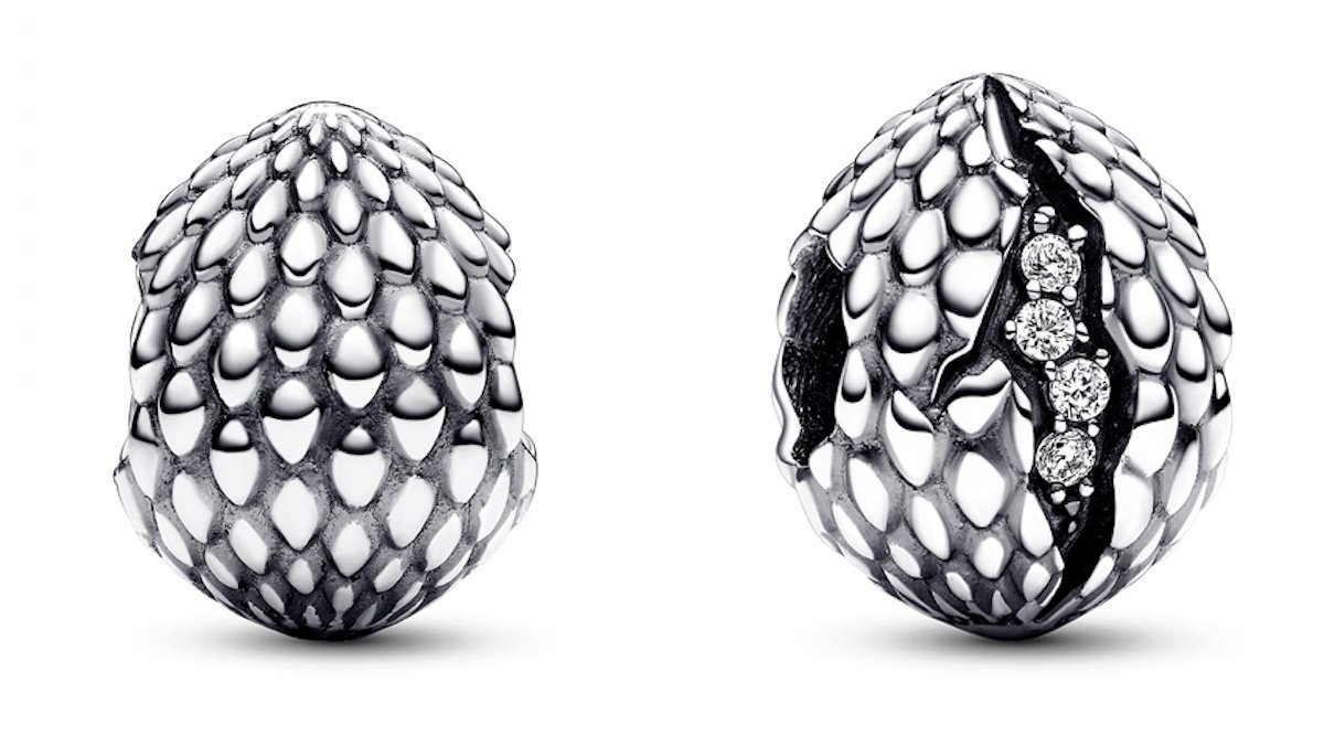 Two views of Pandora's silver Game of Thrones dragon egg charm
