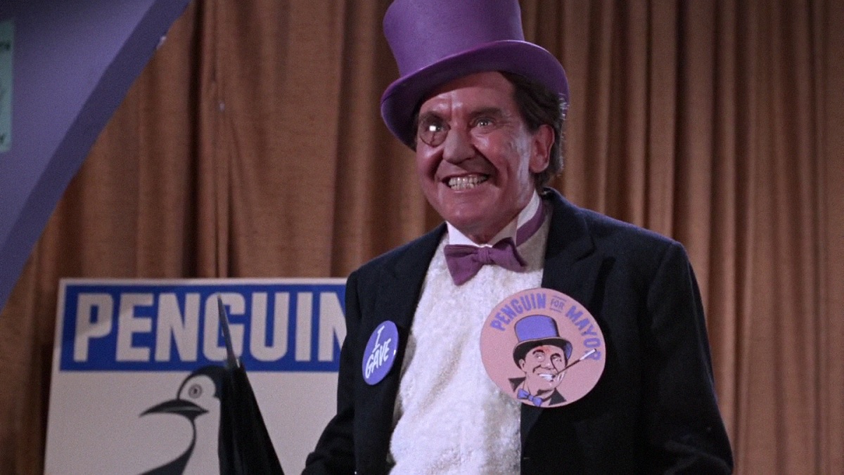 Burgess Meredith as the Penguin, running for mayor, in the 1966 Batman TV series.