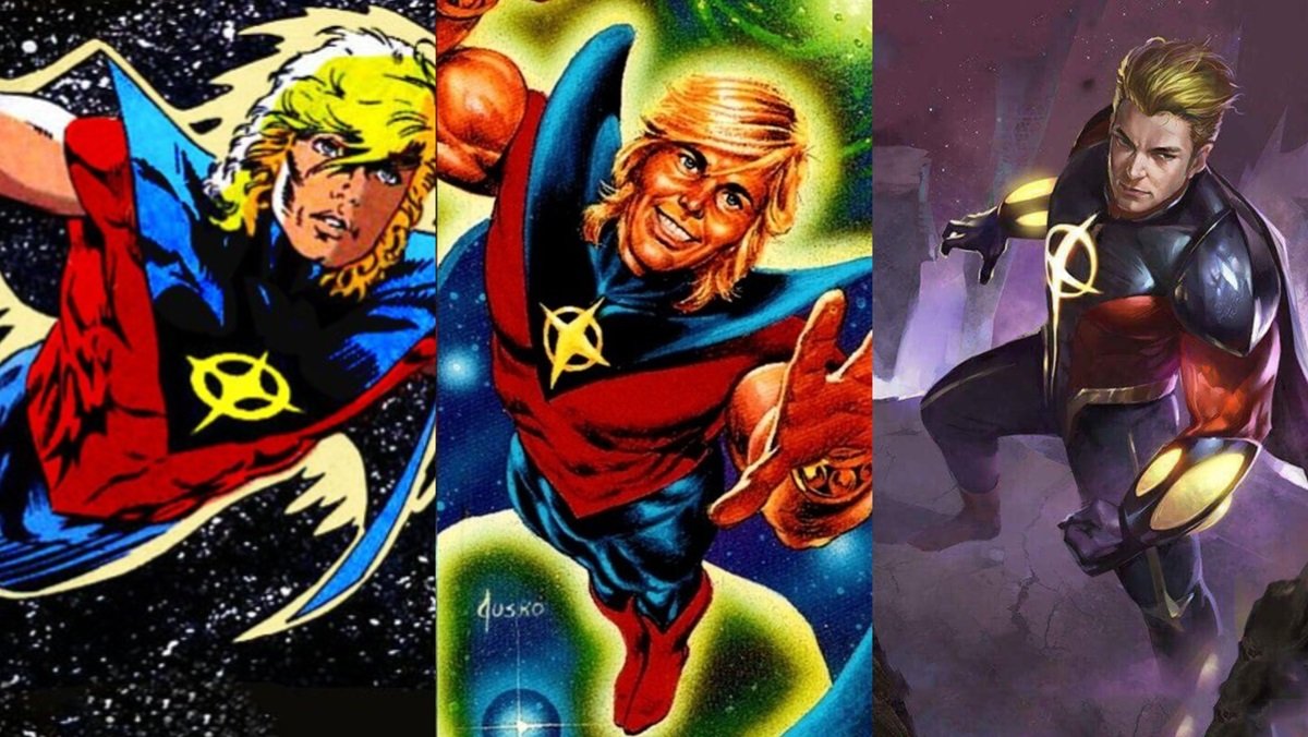 The cosmic Marvel hero Quasar, as he appeared in the '80s and the 2000s. 