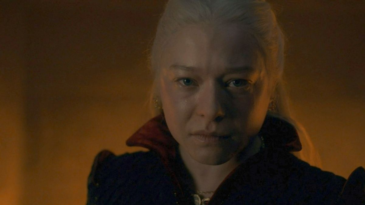 photo of Rhaenyra staring into the camera with tears shocking moment house of the dragon