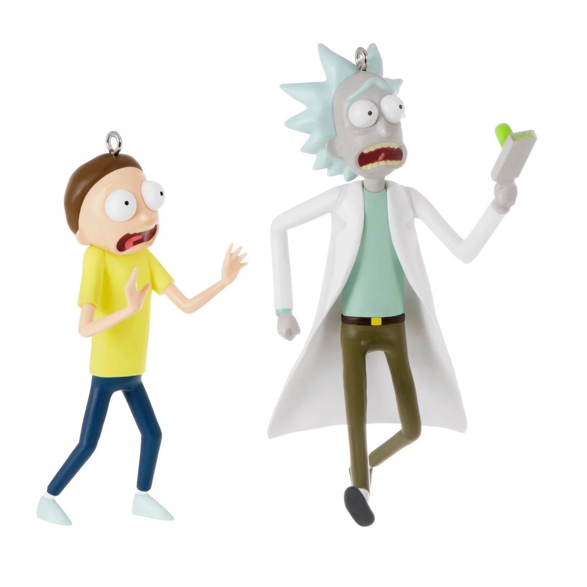 A Rick and Morty ouble ornament set with them running and screaming