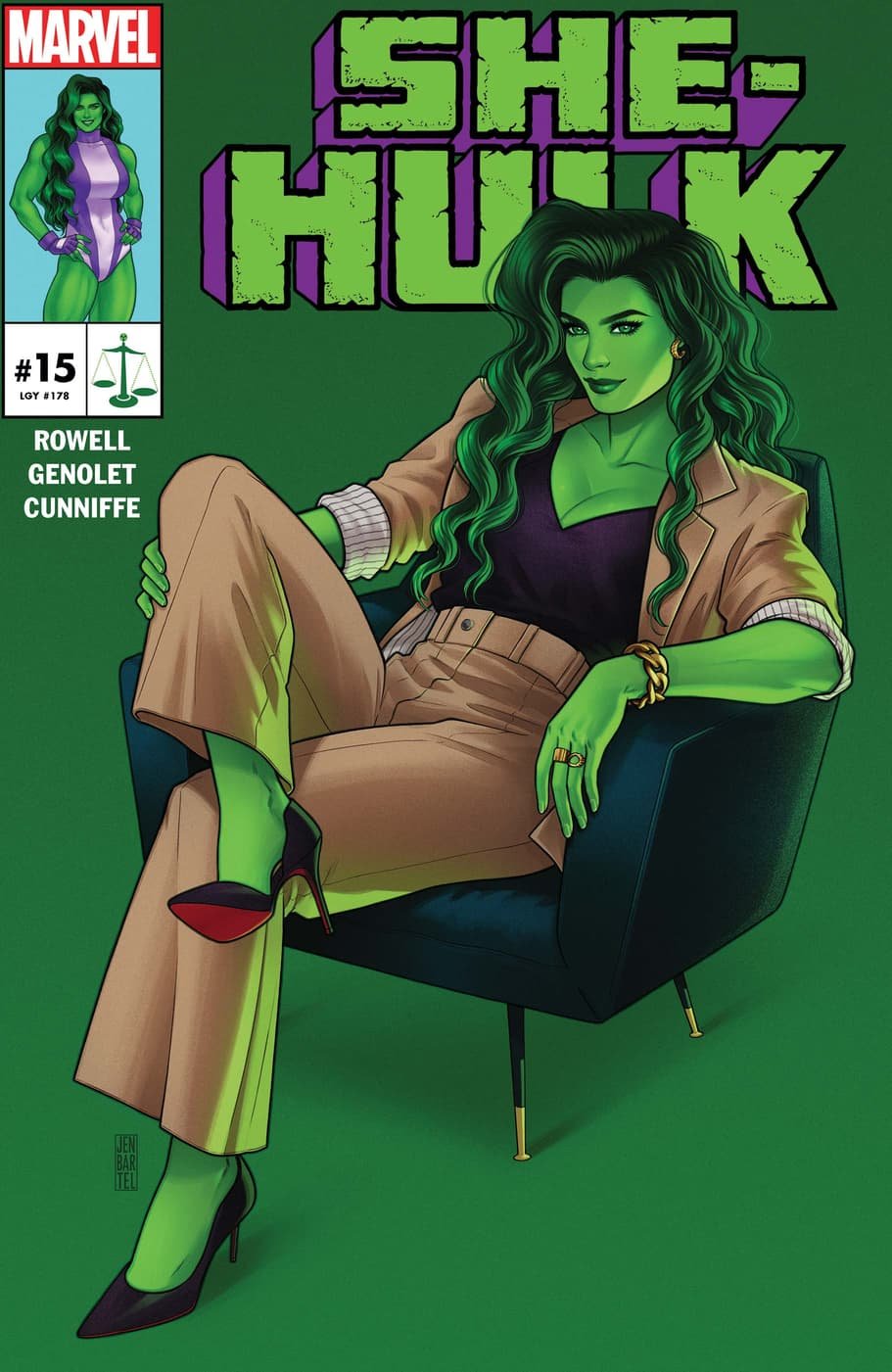She-Hulk sits in an armchair in She-Hulk #15 cover.