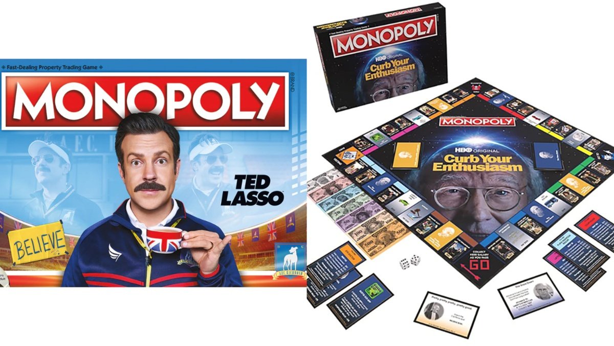 A side-by-side collage of Ted Lasso and Curb Your Enthusiasm Monopoly games