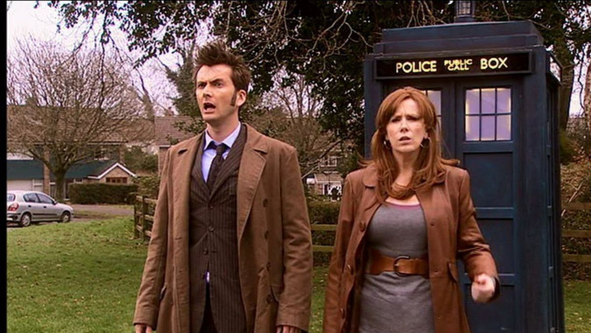 Tenth Doctor and Donna walk out of TARDIS