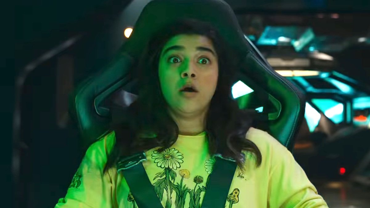 A shocked Kamala Khan in a spaceship in The Marvels