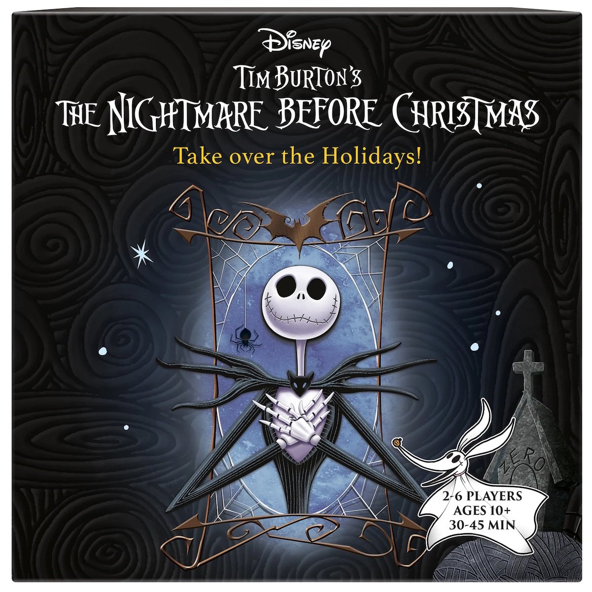Jack Skellington on the black and blue cover of a The Nightmare Before Christmas board game