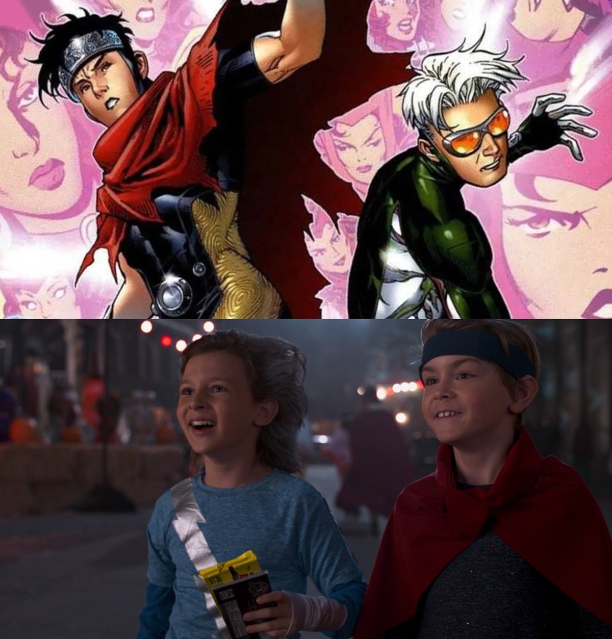 Young Avengers Wiccan and Speed in the comics, and their MCU counterparts in WandaVision.