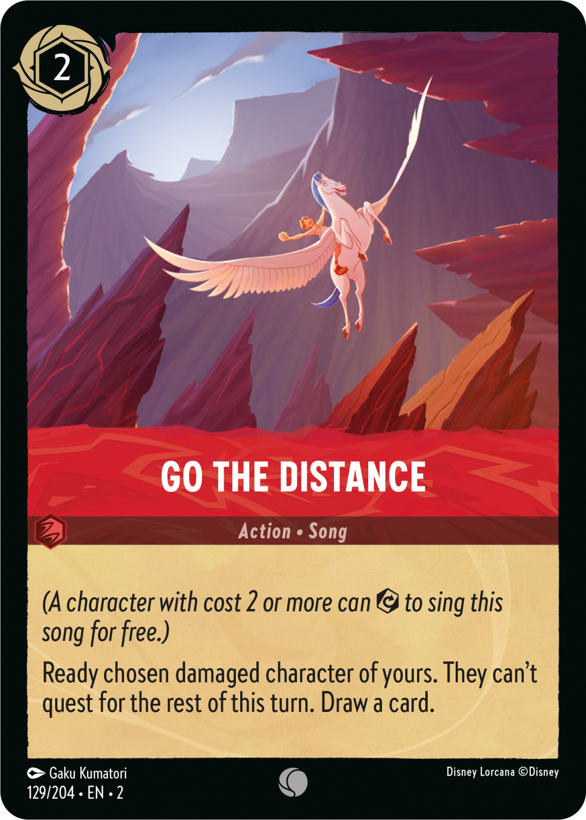 Disney Lorcana: Rise of the Floodborn song card in Ruby ink showing young Hercules flying on Pegasus for Go the Distance