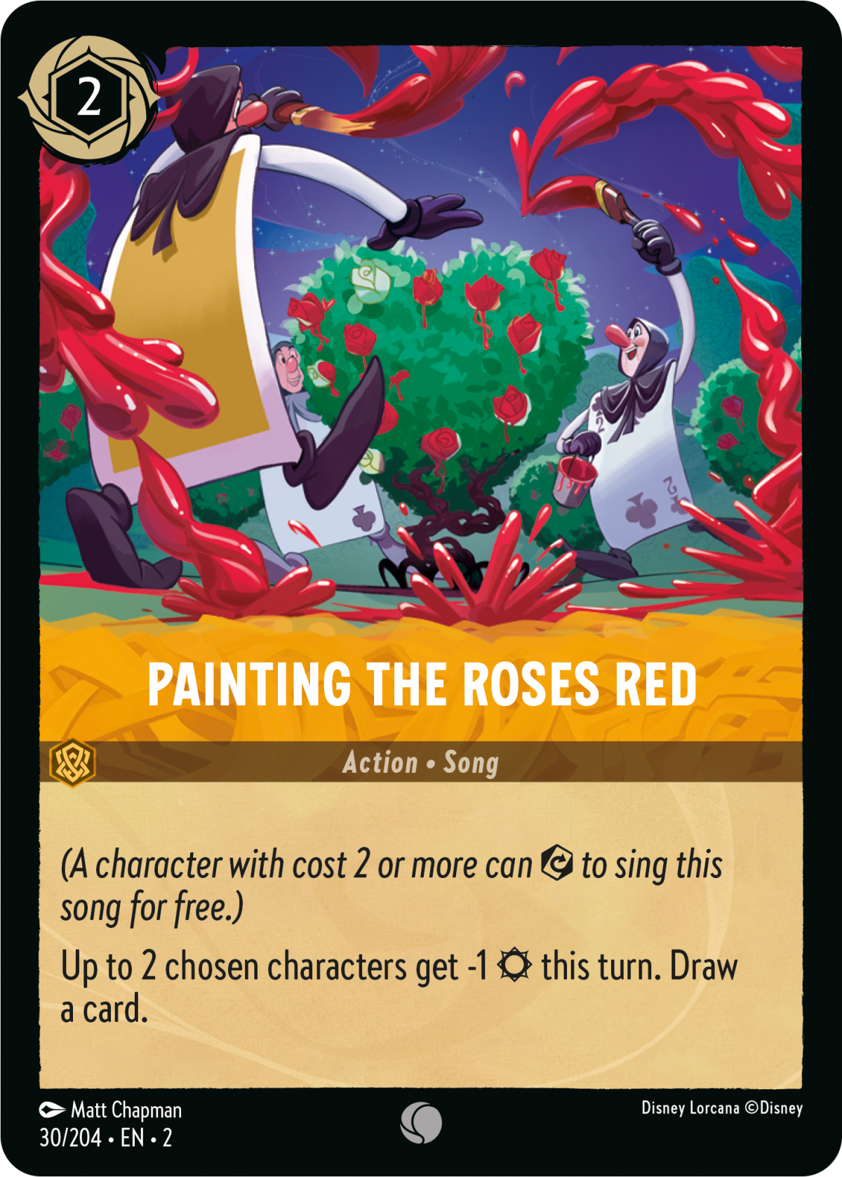 Disney Lorcana: Rise of the Floodborn song card in Amber ink with an illustration of cards painting the roses red